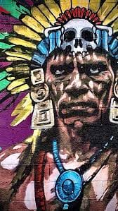 Montezuma II detail on a mural celebrating Latin-American heritage on La Ranchera market.